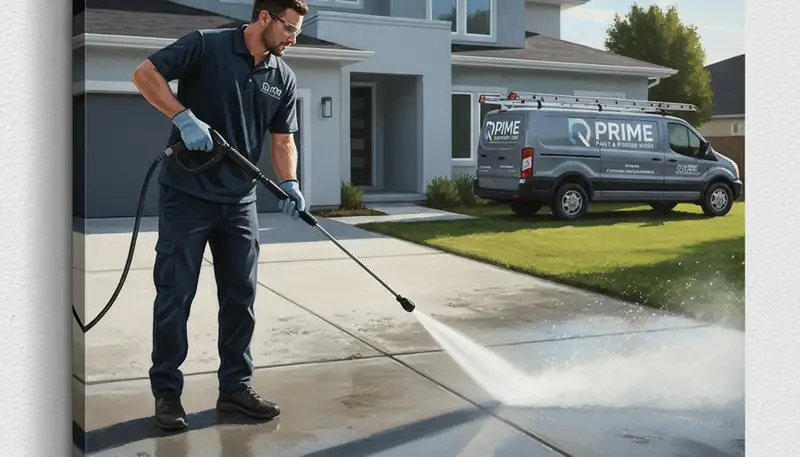 Albuquerque Paint Pros cleaning concrete driveway in Albuquerque, NM for pressure washing service