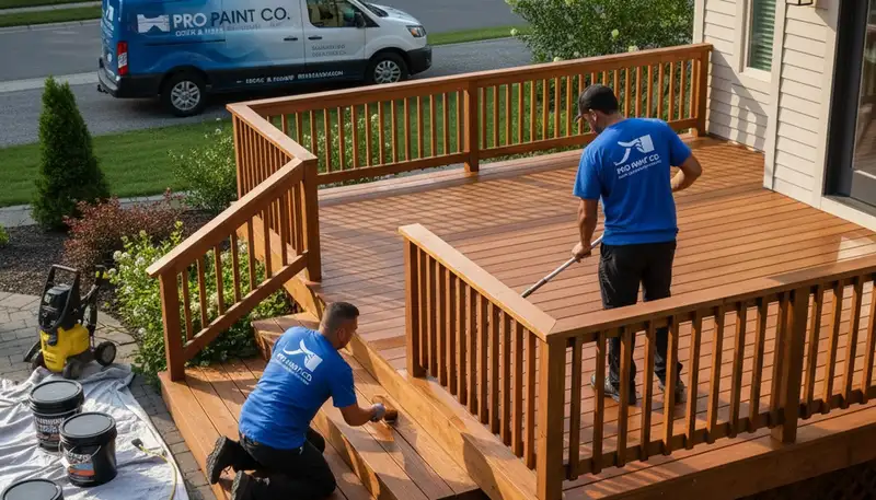 Albuquerque, NM painters staining a wood deck to protect against sun and monsoon moisture