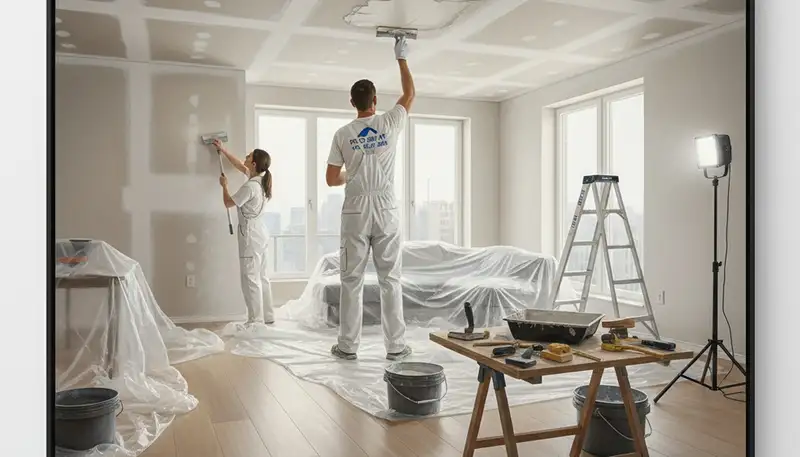 Albuquerque painters repairing drywall cracks and water damage in a home interior