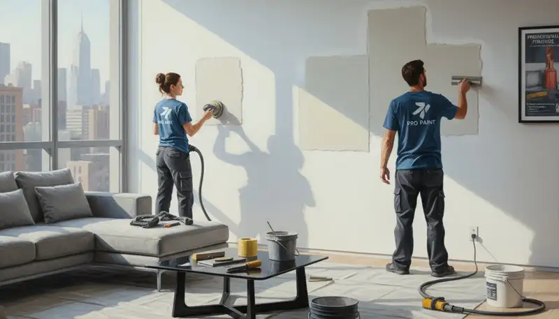 Albuquerque painters repairing drywall cracks and water damage in a home