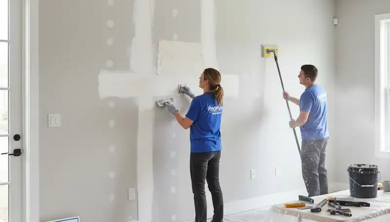 Albuquerque painters repairing drywall cracks and water damage in a home