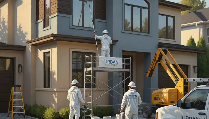 Exterior house painters in Albuquerque, NM applying protective stucco coating on a home exterior