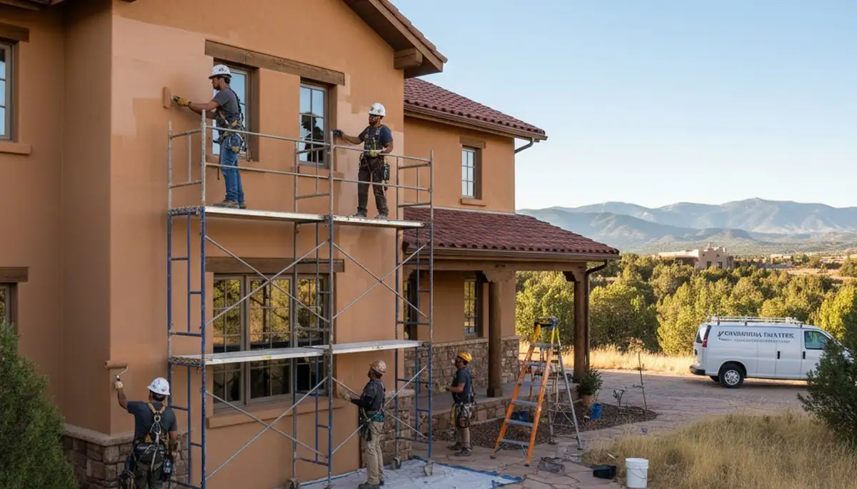 Professional Albuquerque, NM painters painting a home exterior with clean, even coverage