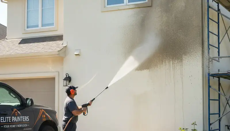 Pressure cleaning in Albuquerque, NM for stucco, siding, and concrete on a residential exterior